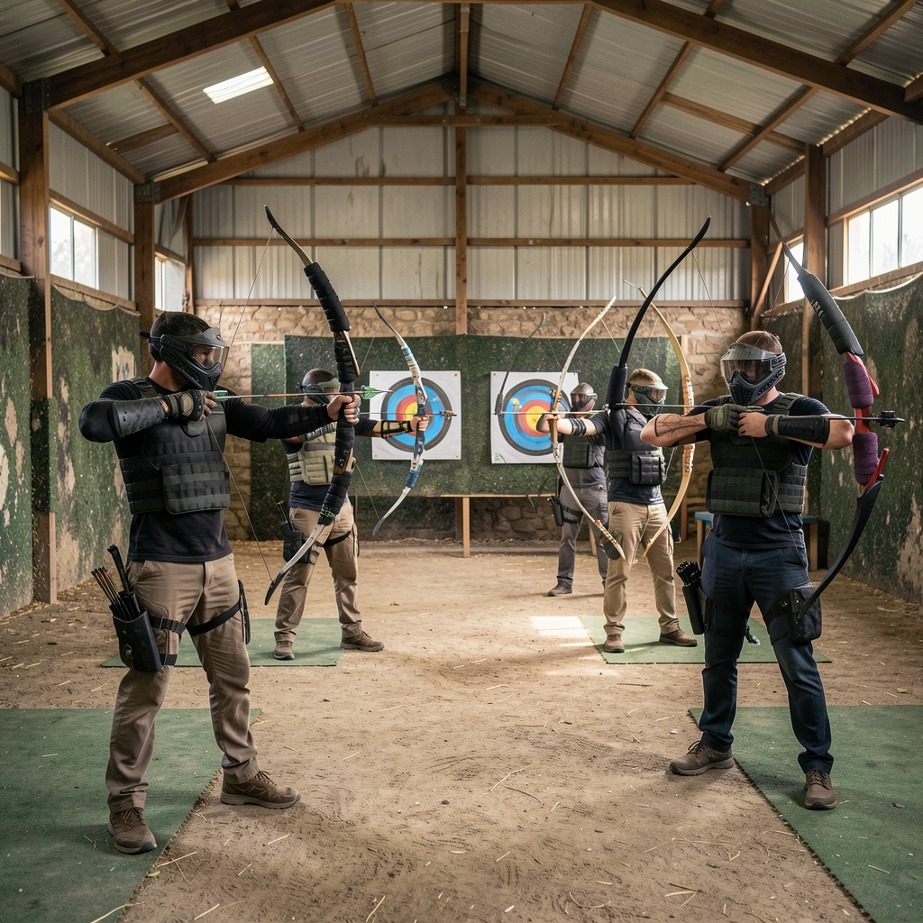 Participantes de archery tag con arcos acolchados y protecciones en un pabellón seguro
