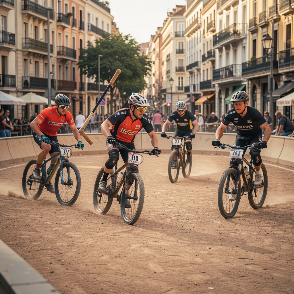 Partido de bike polo en una pista urbana de Madrid con bicicletas y mazos en movimiento