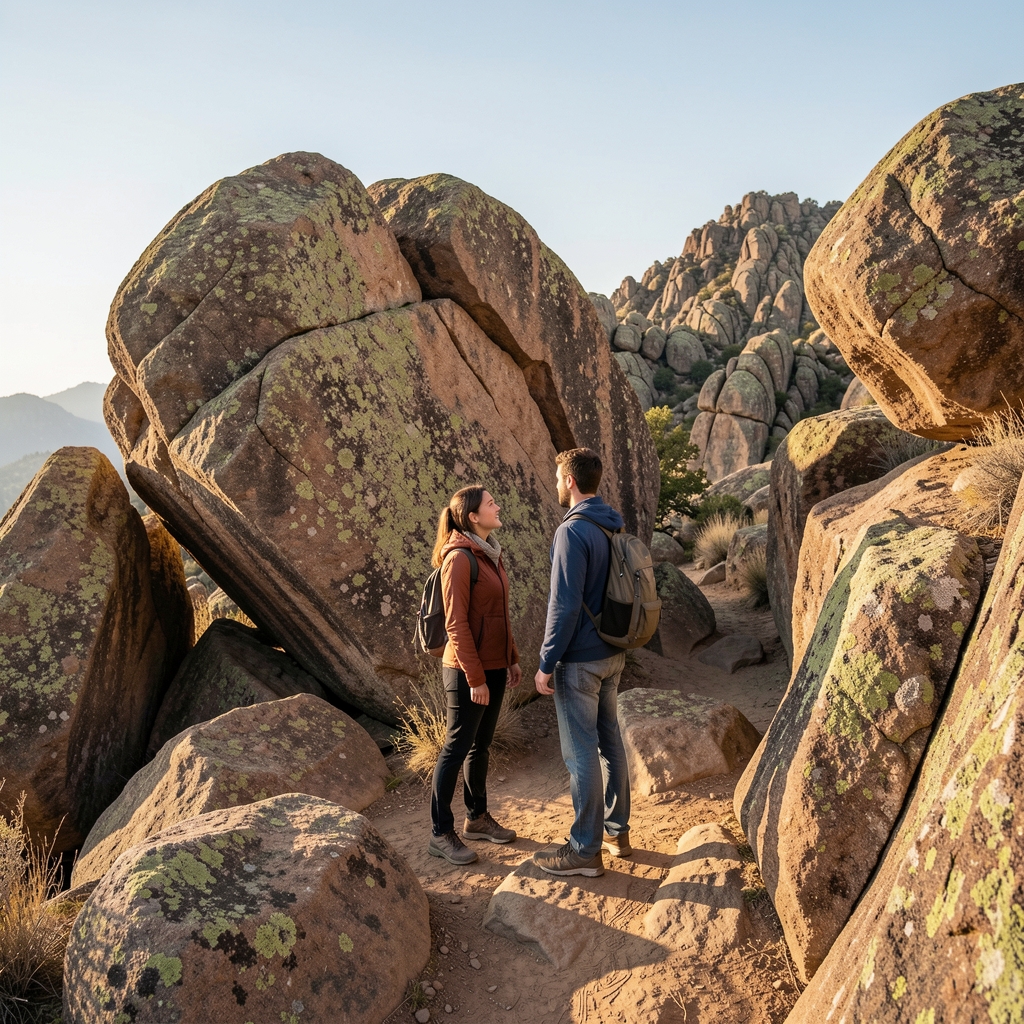 Pareja observando una ruta de boulder al aire libre sobre una formación rocosa de la sierra