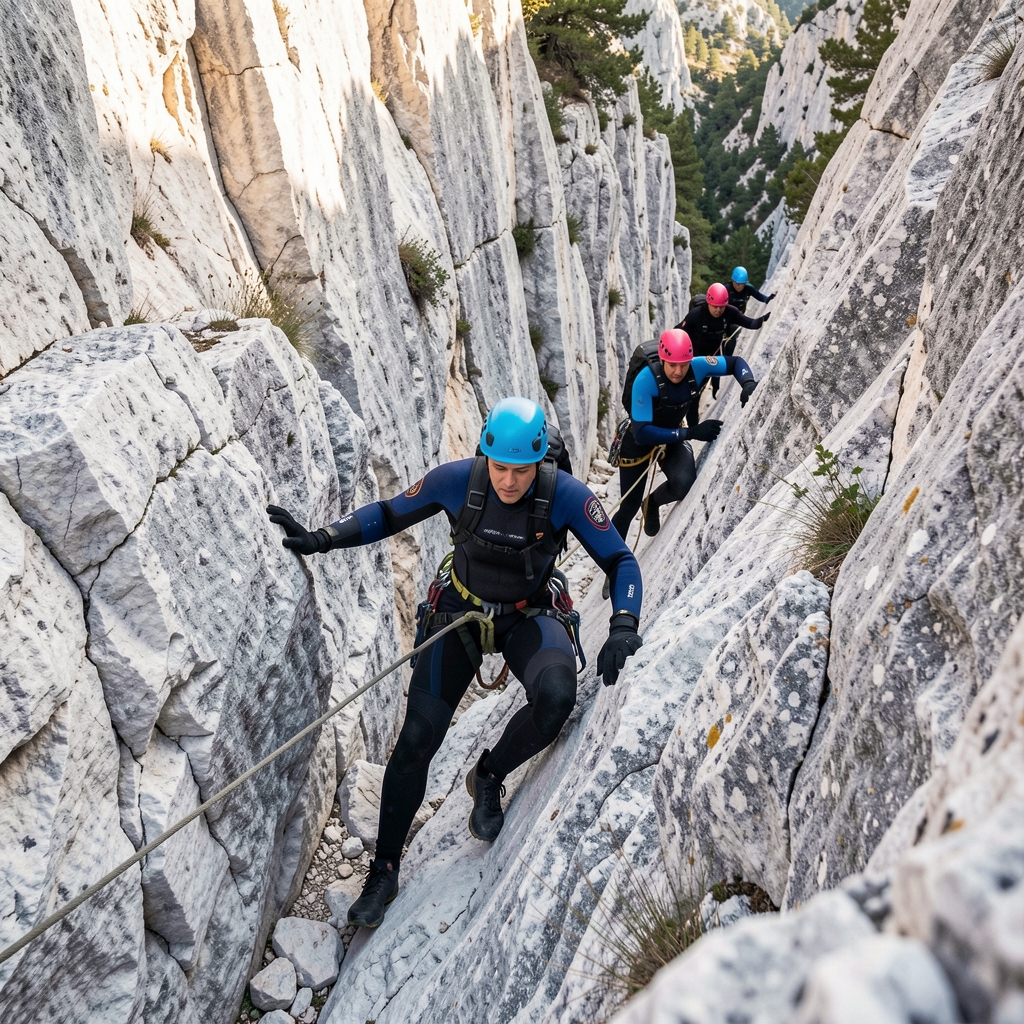 Grupo equipado con cascos y trajes de neopreno descendiendo un barranco de roca clara