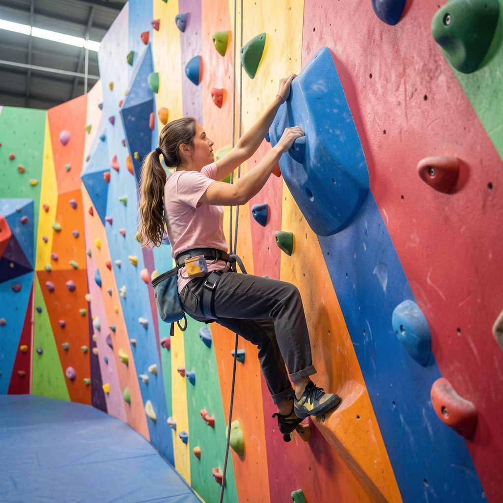 Escaladora concentrada en un rocódromo luminoso mientras alcanza una presa azul sobre una pared de colores
