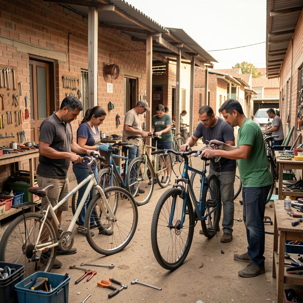 Taller comunitario donde varias personas reparan bicicletas y comparten herramientas