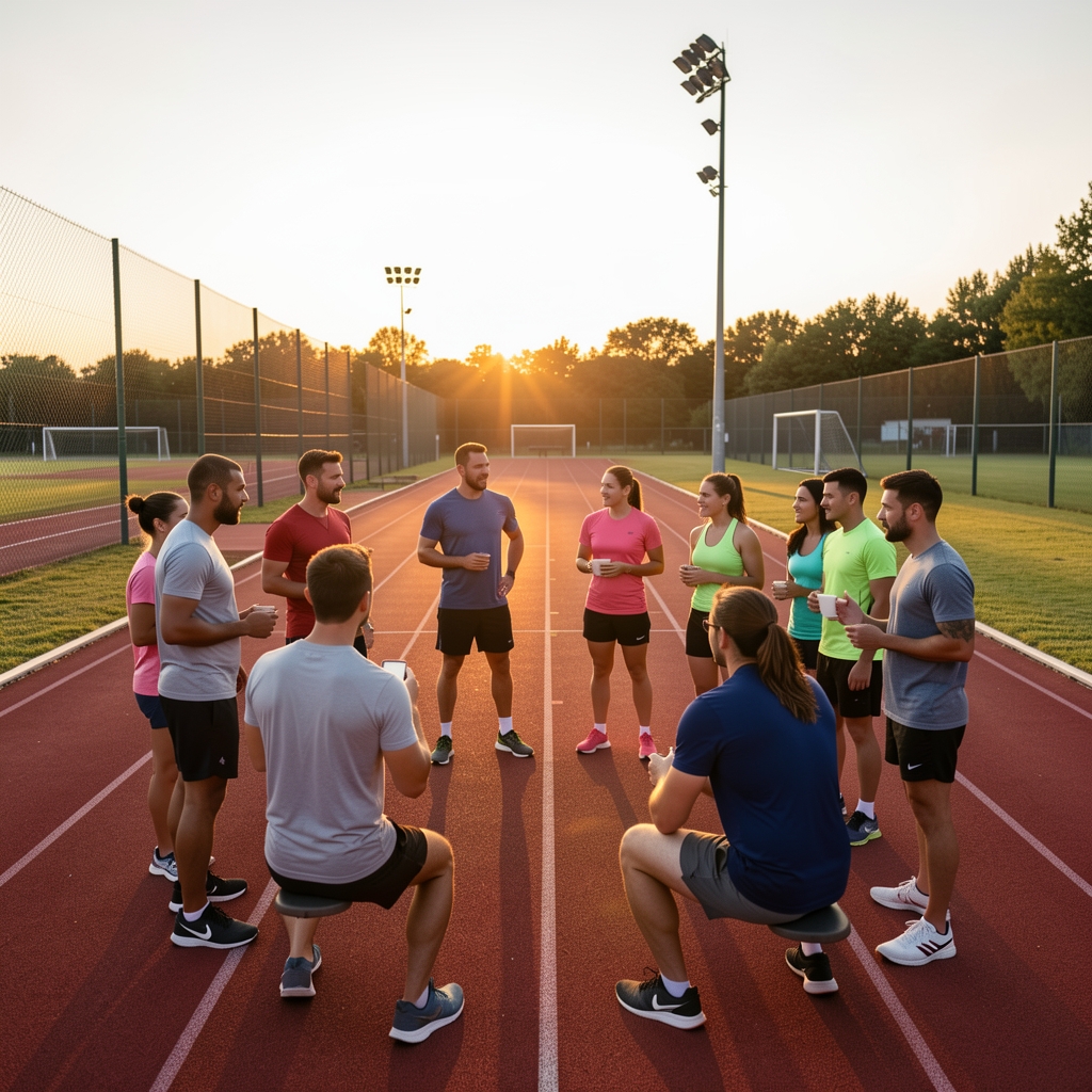 Grupo diverso de deportistas conversando en círculo junto a una pista comunitaria al atardecer