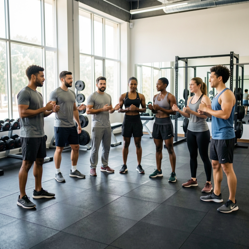 Clase de iniciación deportiva con personas diversas siguiendo instrucciones en un gimnasio