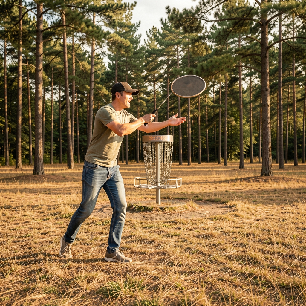 Persona lanzando un disco volador en un campo de disc golf rodeado de pinos y hierba seca