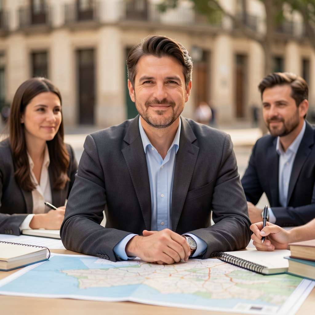 Equipo editorial de Quiver reunido alrededor de una mesa con mapas y cuadernos en Madrid