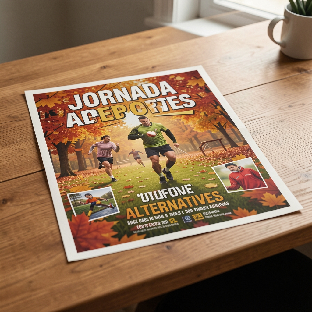 Cartel impreso sobre una mesa anunciando una jornada de deportes alternativos en otoño de 2026