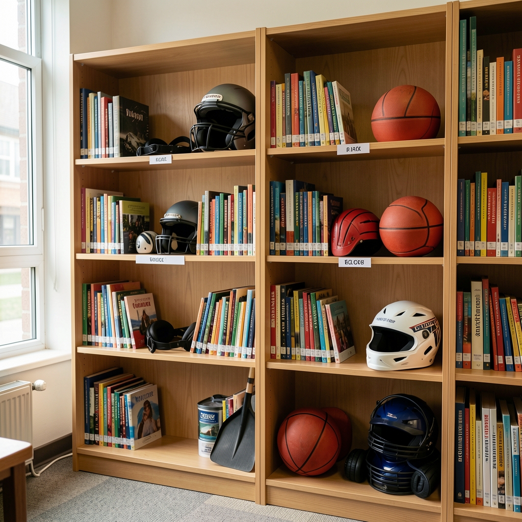 Estantería de una biblioteca comunitaria con cascos, palas y equipamiento deportivo etiquetado