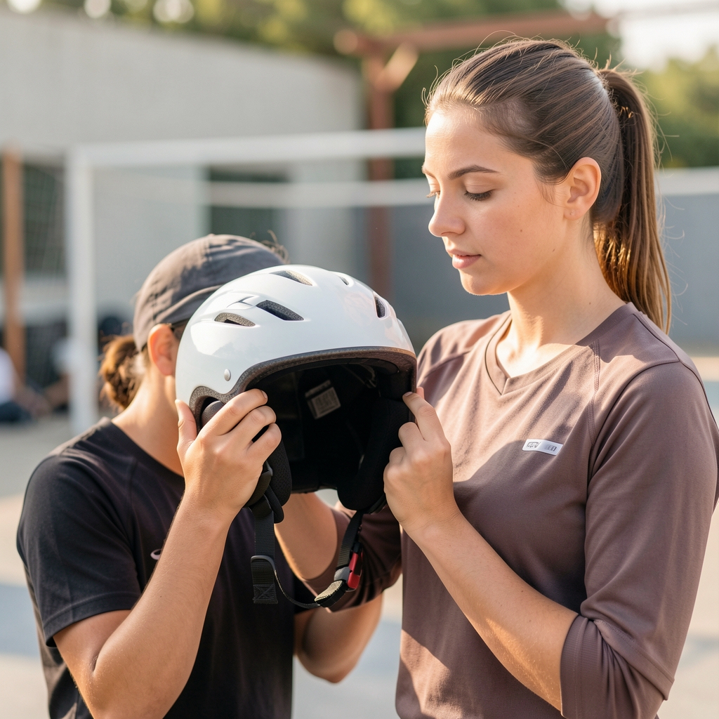 Instructora revisando el ajuste de un casco deportivo antes de una sesión de iniciación