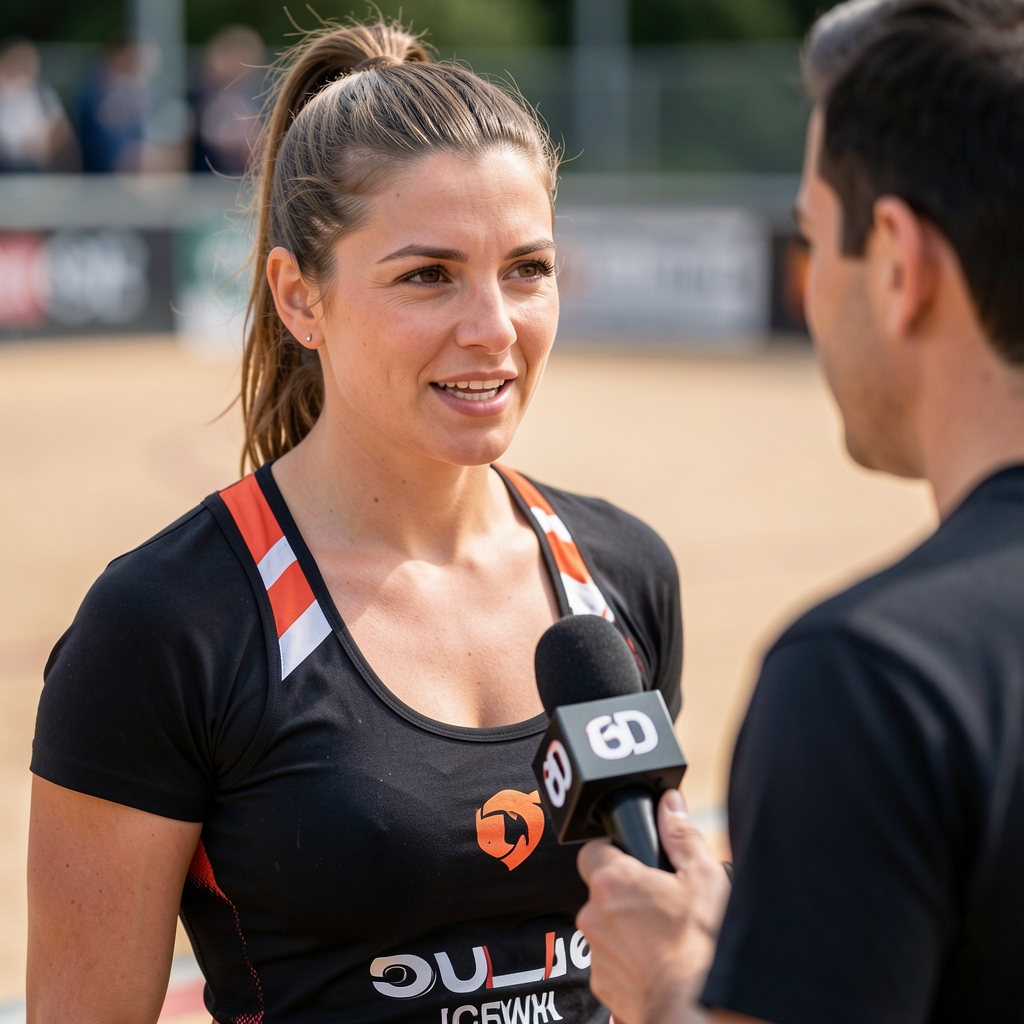 Entrenadora de roller derby hablando con una periodista junto a una pista de madera