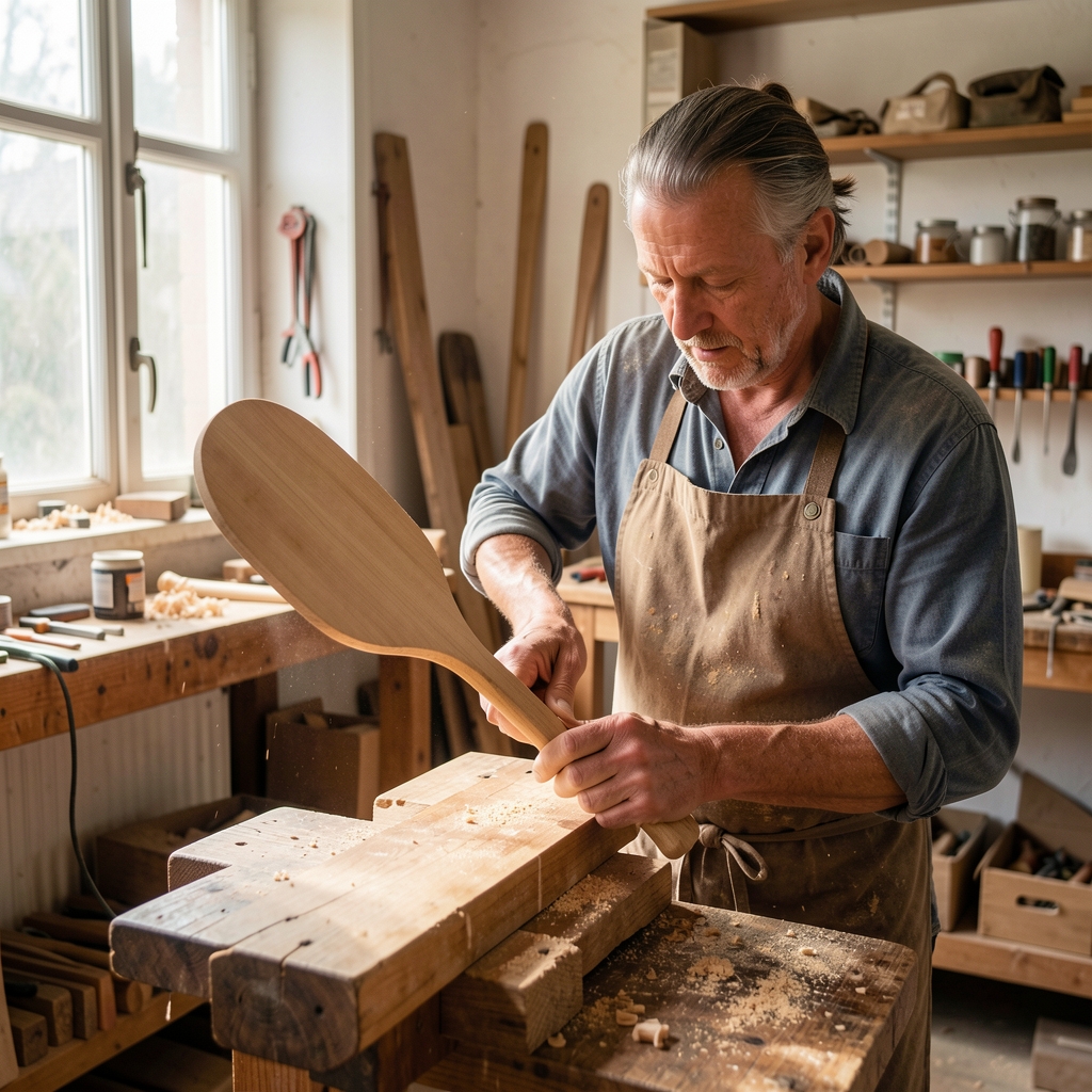 Artesano fabricando una pala deportiva de madera en un pequeño taller luminoso