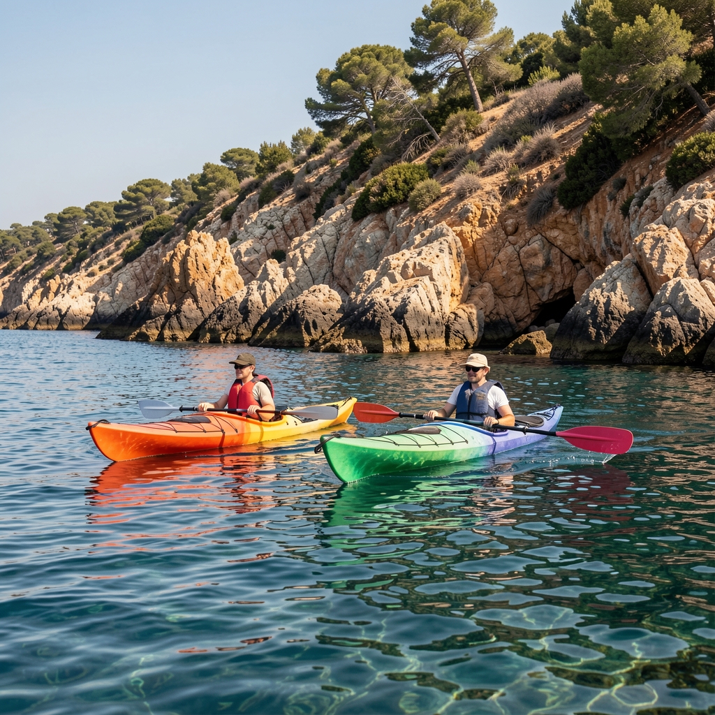 Dos kayaks de colores avanzando por aguas tranquilas junto a una costa rocosa mediterránea