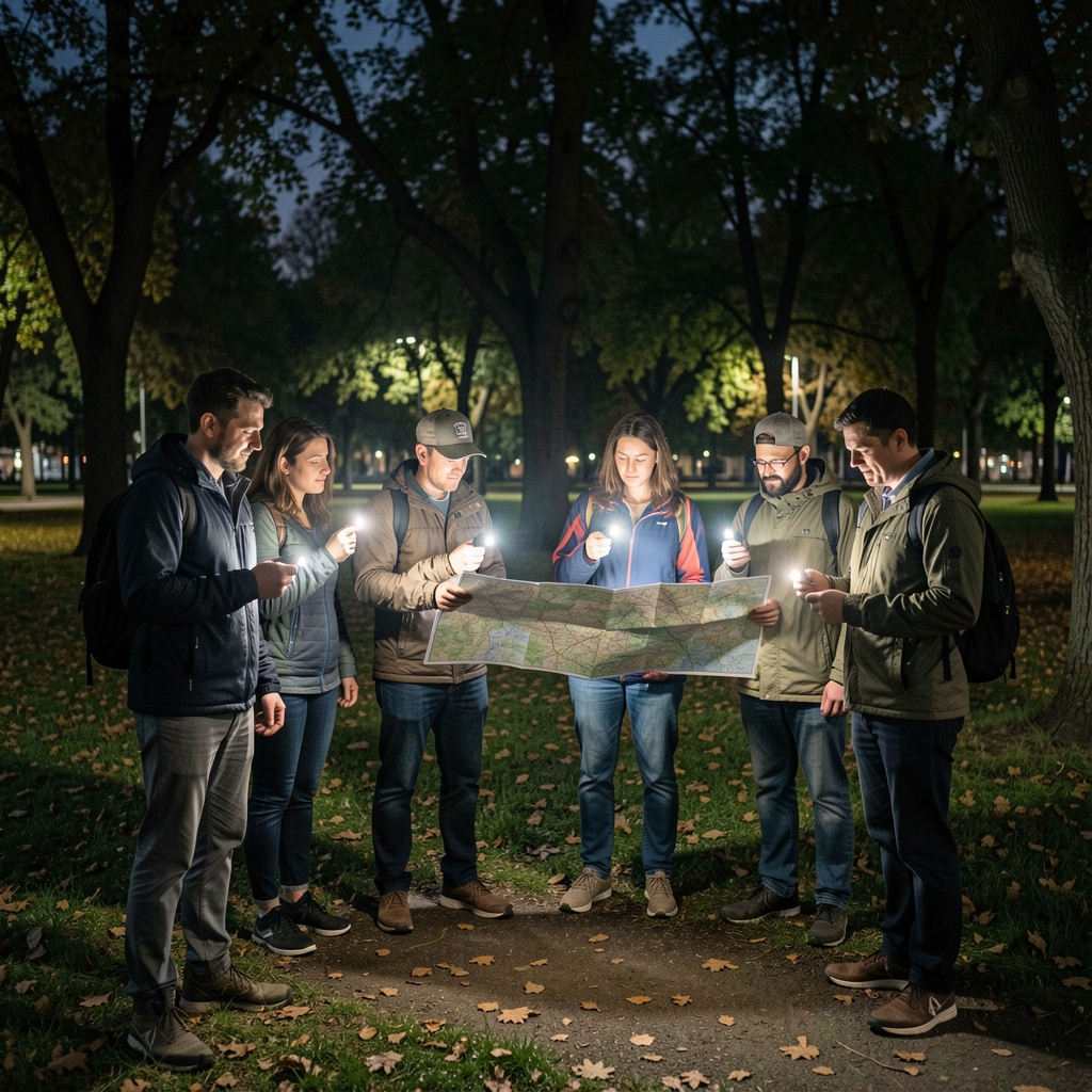 Participantes con pequeñas linternas siguiendo un mapa durante una orientación nocturna en un parque