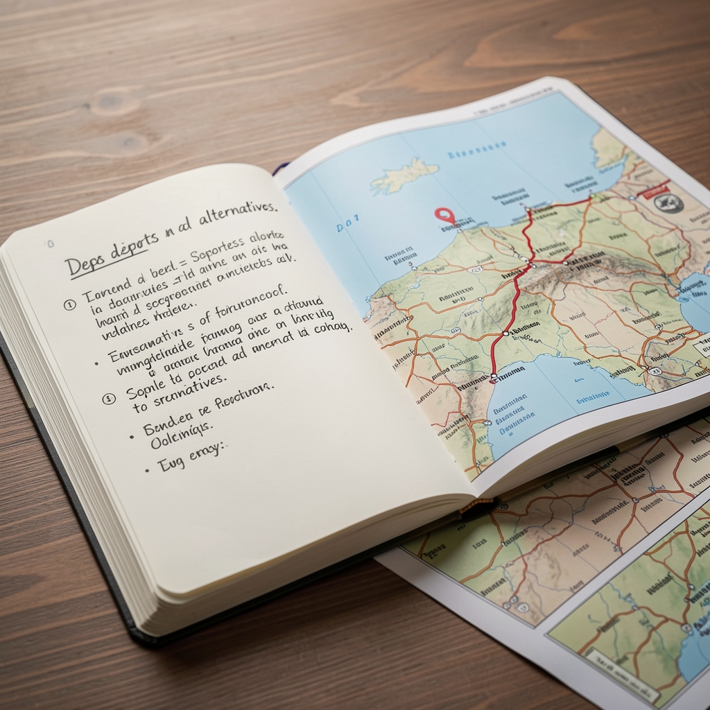 Cuaderno abierto con notas sobre deportes alternativos junto a un mapa de rutas españolas