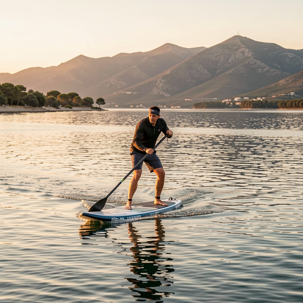 Persona practicando paddle surf al amanecer en una laguna tranquila de la costa española con montañas al fondo