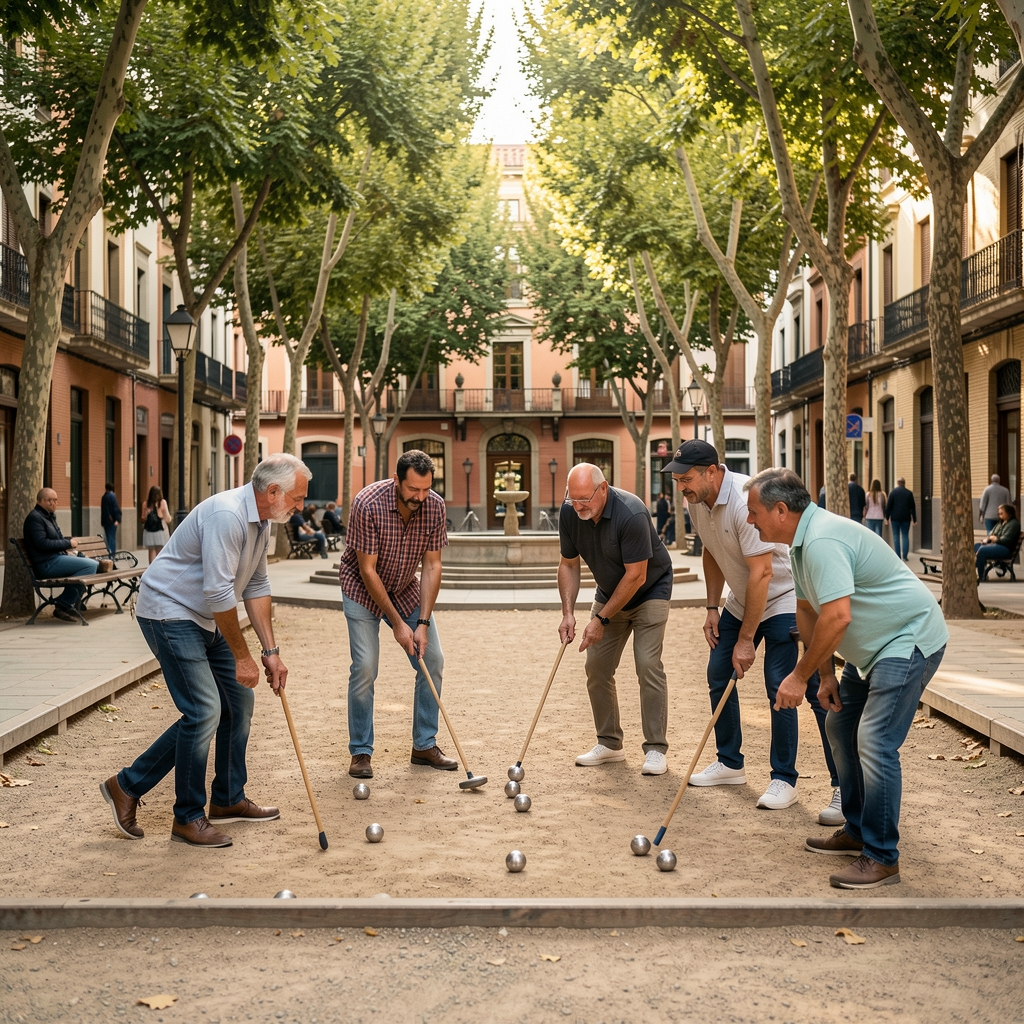 Grupo de amistades jugando a la petanca en una plaza arbolada de un barrio madrileño