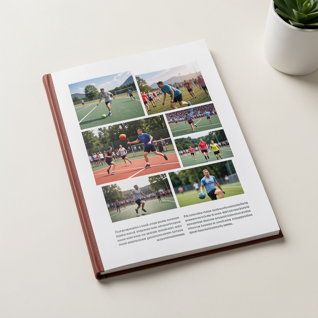 Carpeta de prensa con fotografías y notas de una actividad deportiva alternativa sobre escritorio claro