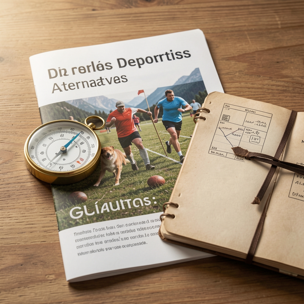 Guía impresa de deportes alternativos junto a una brújula y una libreta de campo