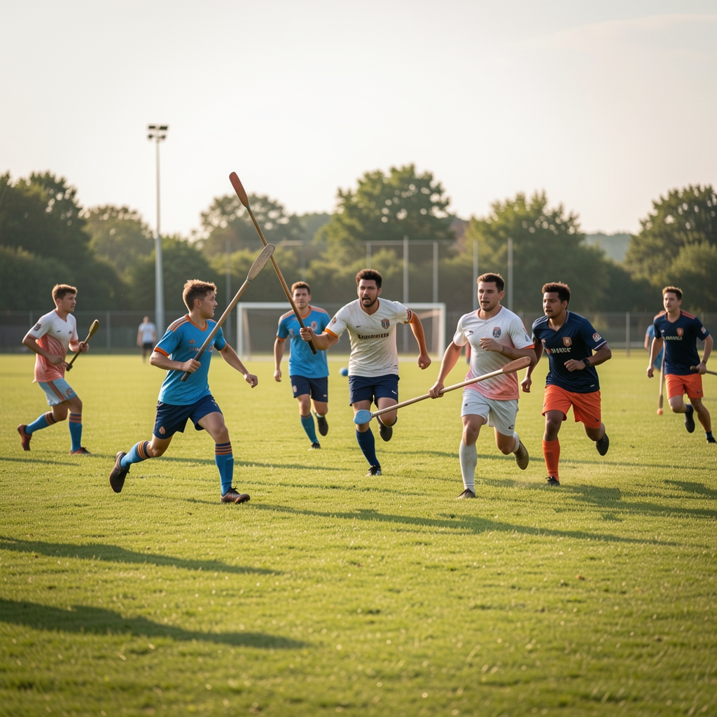 Partido recreativo de quidditch con participantes corriendo en un campo de hierba