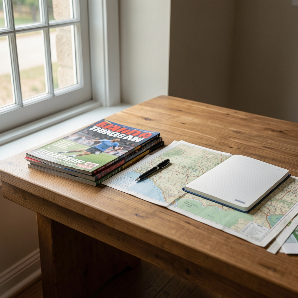 Mesa de lectura con revistas deportivas, mapa y libreta de campo junto a una ventana luminosa