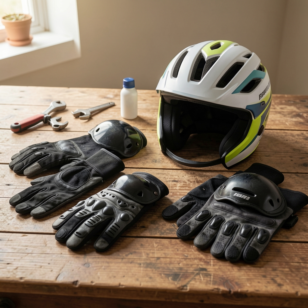 Guantes, casco y protecciones deportivas reparados y ordenados sobre una mesa de madera