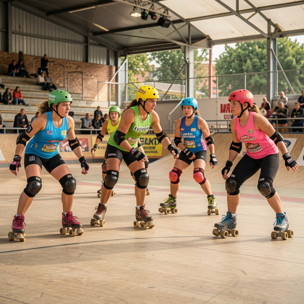 Jugadoras de roller derby entrenando en una pista cubierta de Madrid con protecciones, cascos y camisetas de colores