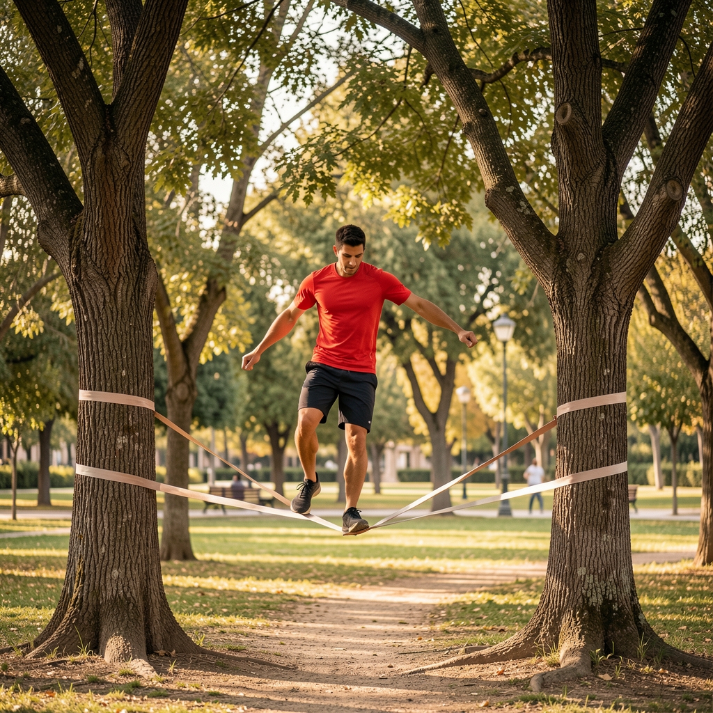 Deportista manteniendo el equilibrio sobre una cinta de slackline entre dos árboles de un parque español