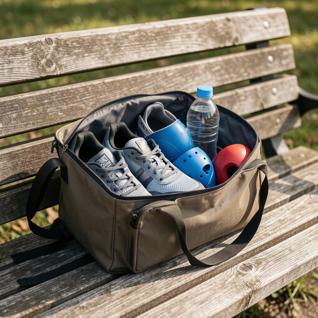 Bolsa abierta con zapatillas, botella de agua y protecciones ordenadas sobre un banco